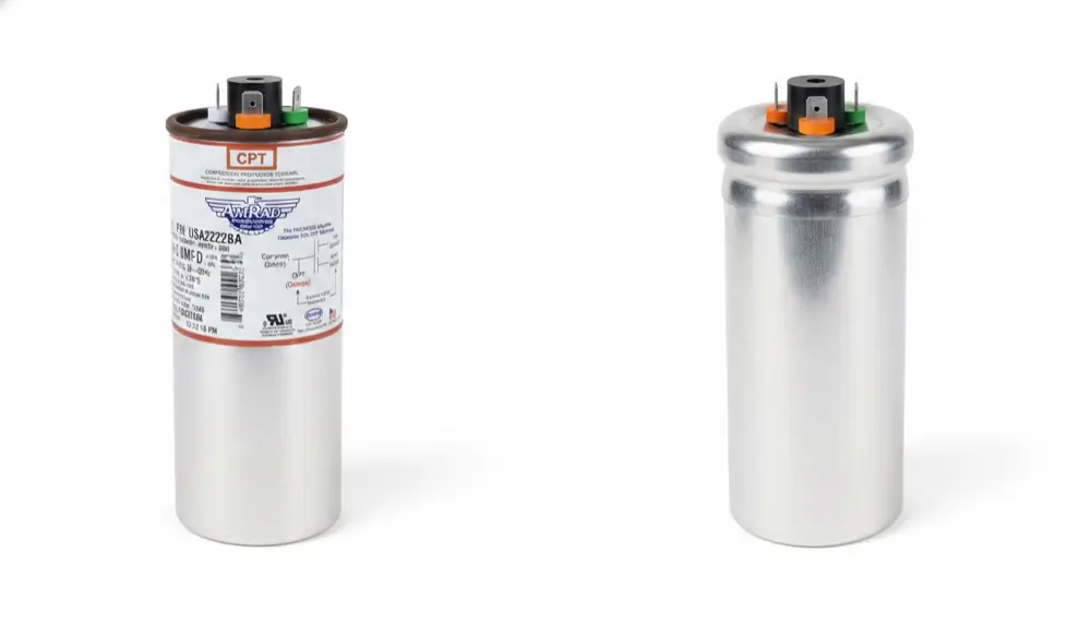 AmRad AC run capacitor shown from the side and from an angled top view, its top slightly bulged, the visual sign of failure