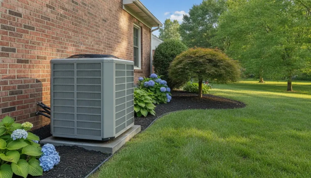 Outdoor AC condenser unit beside a brick home with clean coil fins and clear space around it