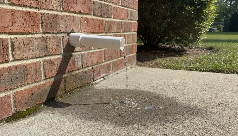 White PVC condensate drain line from an attic air handler ending outside near the home's foundation